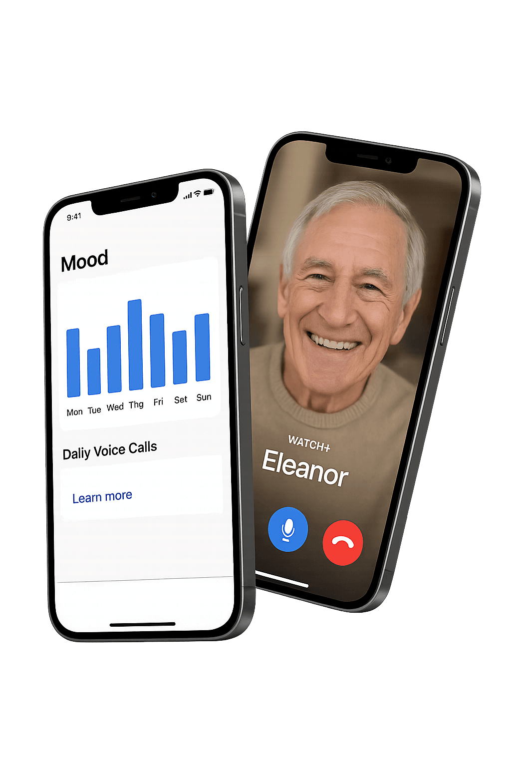 WelVoice 앱의 기분 추적과 일일 통화 요약 화면