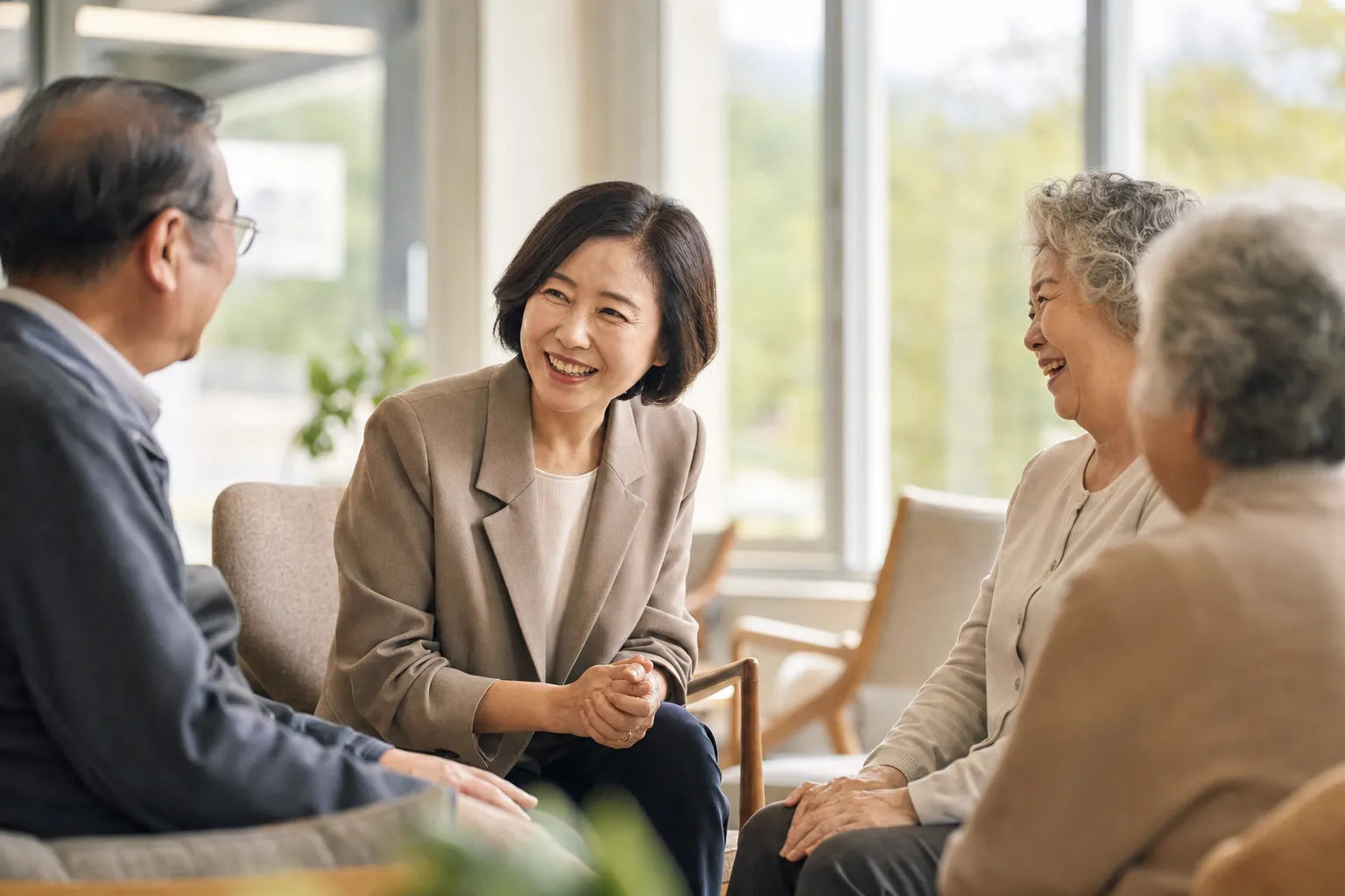 A care coordinator with elderly residents at a community center