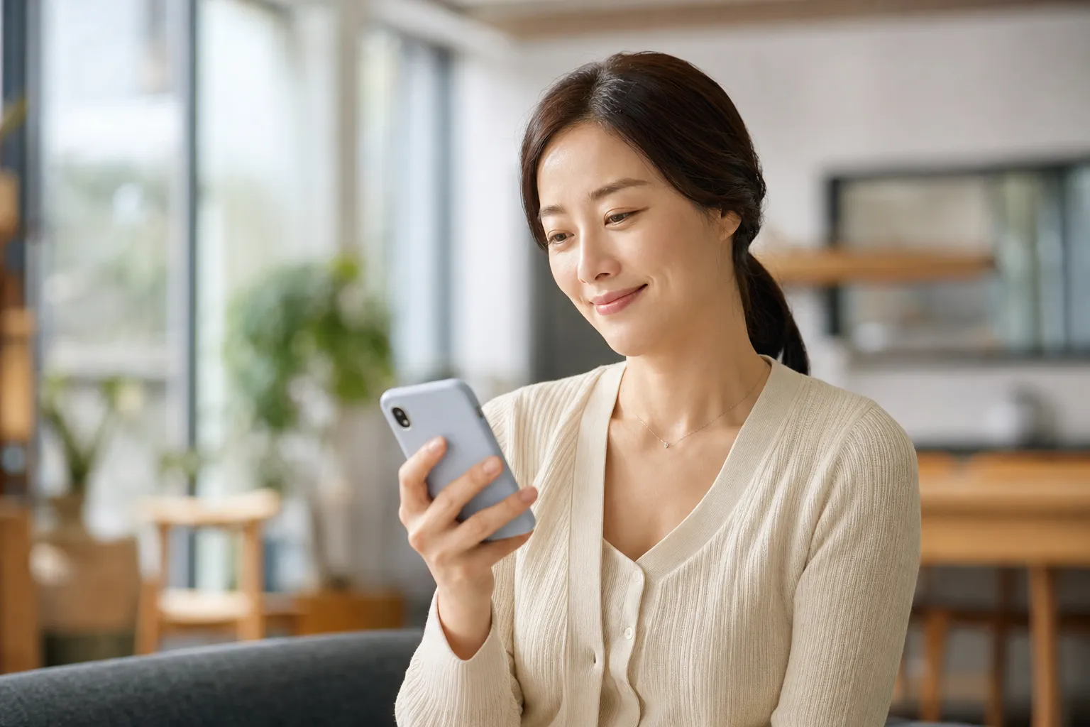 통화 후 도착한 안부 요약을 확인하며 미소 짓는 자녀