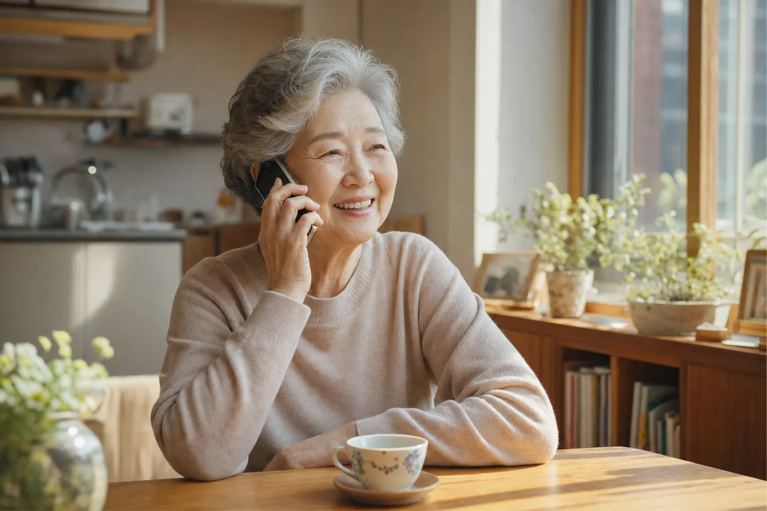 전화 통화로 안부를 나누며 미소 짓는 어르신