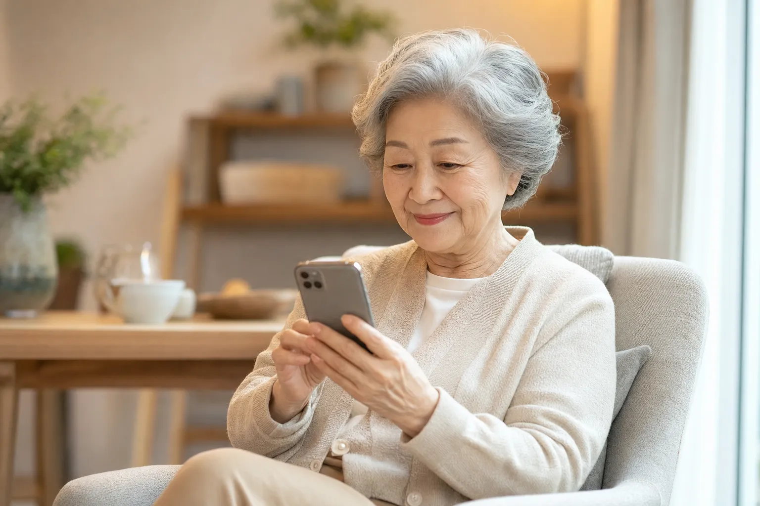 안락의자에서 스마트폰으로 음성 대화를 시작하는 70대 여성