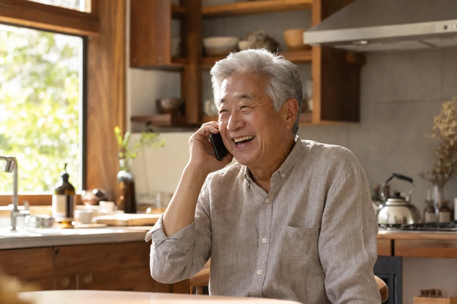 통화 중 환하게 웃는 70대 남성