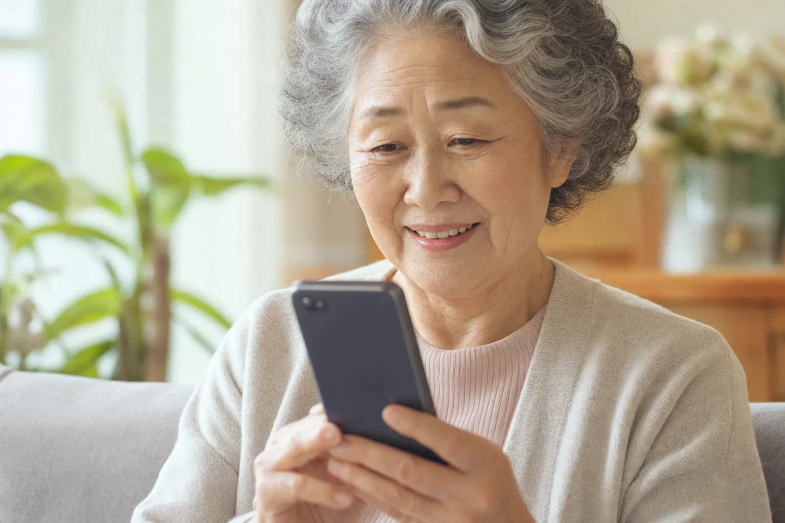 스마트폰을 손에 들고 기대에 찬 표정의 회원님