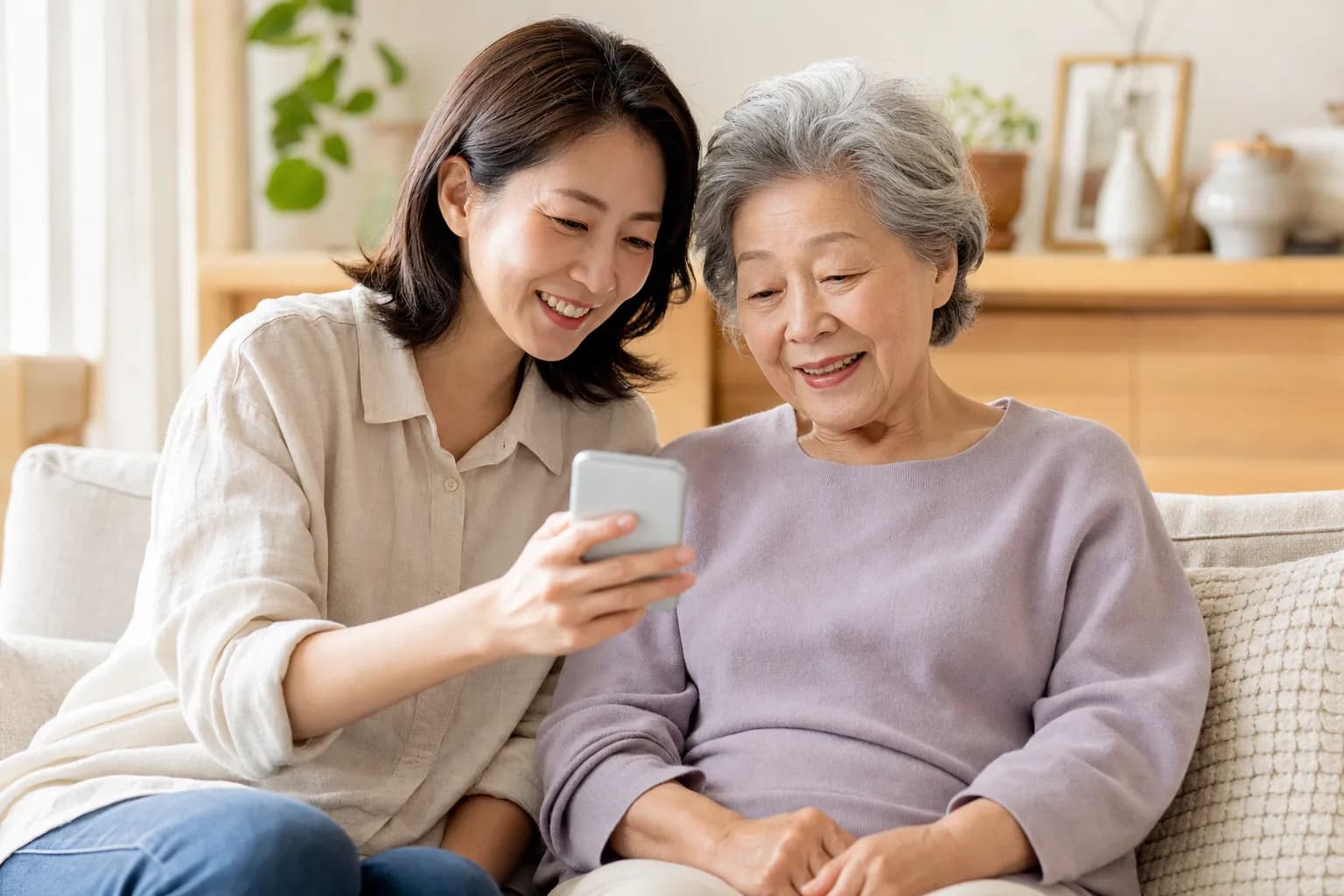 어머니께 스마트폰을 보여드리며 시작을 돕는 딸