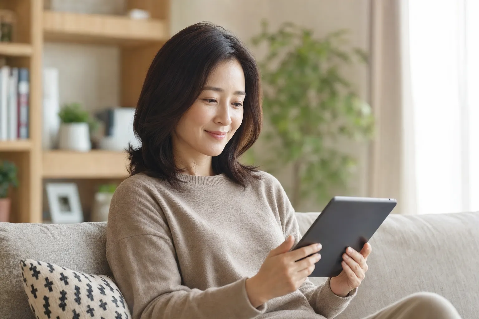 태블릿으로 부모님의 안부 리포트를 읽으며 안심하는 자녀