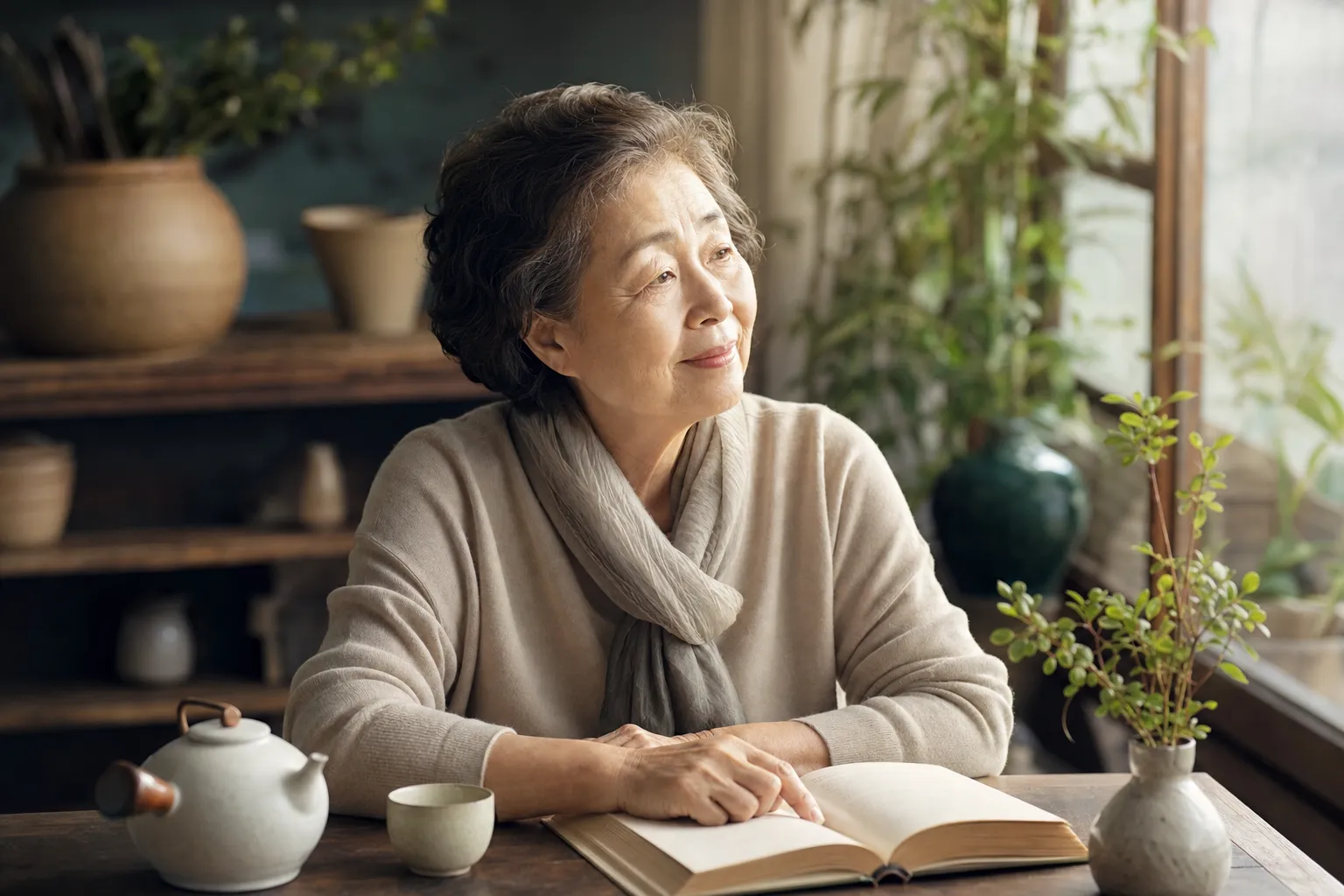 An elder enjoying a calm day with tea and a book