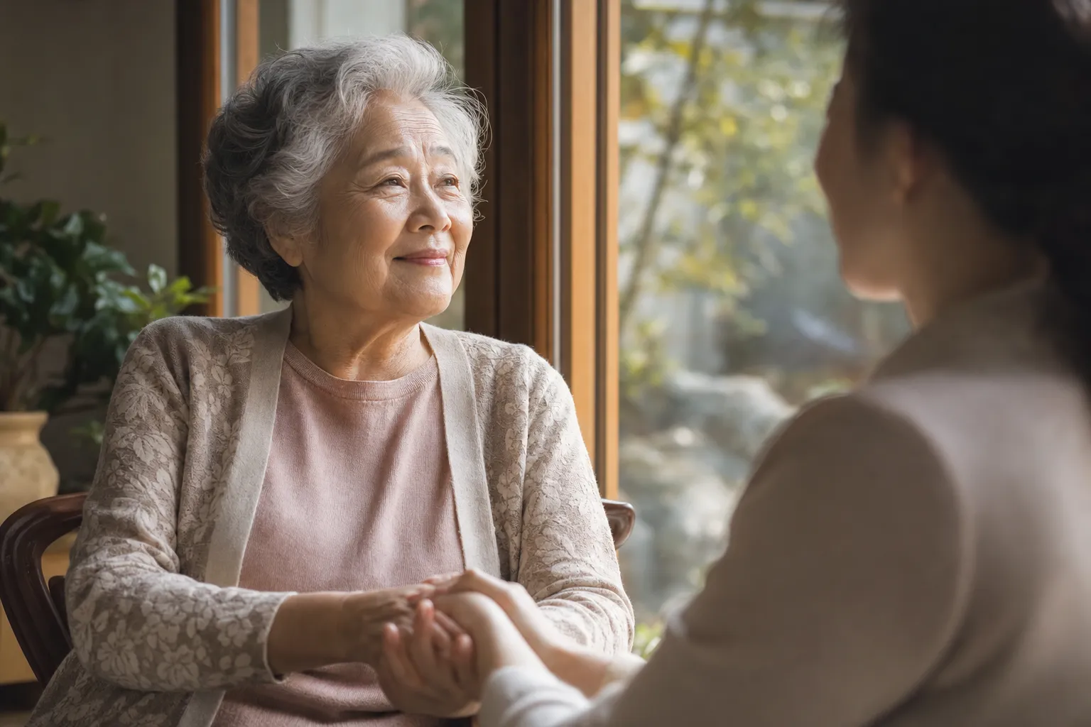 A hopeful person greeting the day by a sunlit window